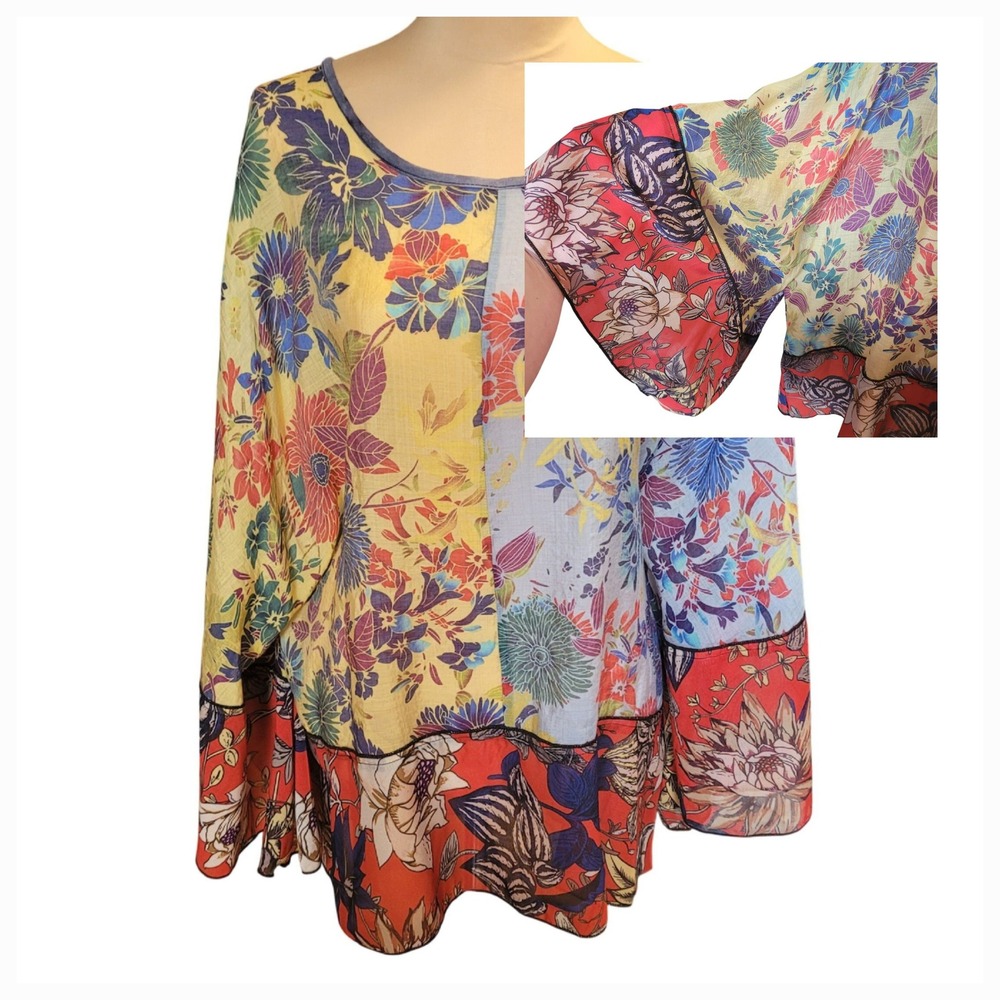 Hippie Patchwork Mixed Floral‎ Top Blouse L Kimono Sleeve Boho Artsy 70s Coastal